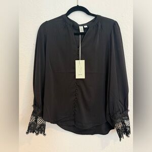 NWT JOIE Black Lace Cuff Button-Front Blouse